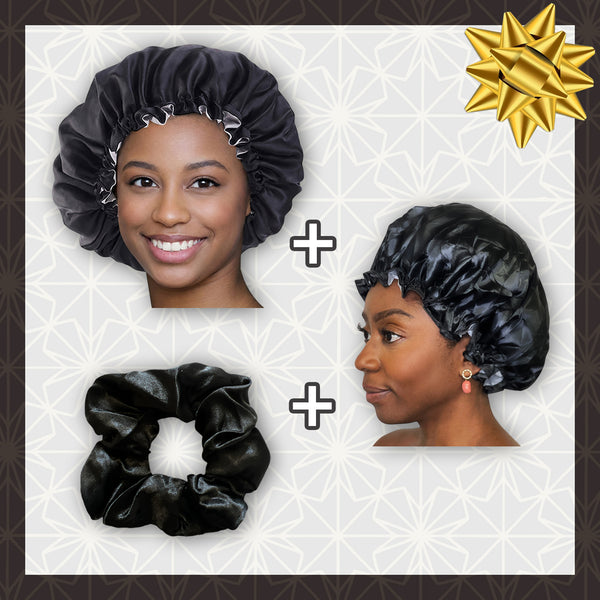 SET SATIN - Protéger et doucher - Noir Bonnet en Satin + Bonnet de douche + Scrunchie Satin