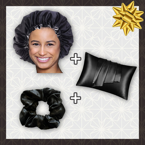 SATIN SET - Bescherm je haar & huid - Zwarte Satijnen Slaapmuts + Satijnen kussensloop + Scrunchie