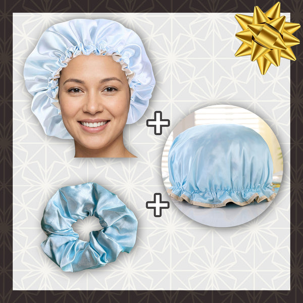 SET SATIN -  Protéger et doucher - Bleu clair Bonnet en Satin + Bonnet de douche + Scrunchie Satin