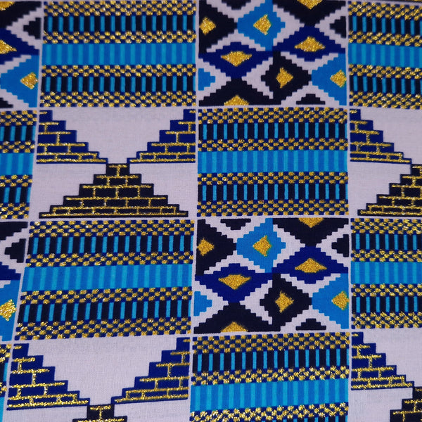 Tissu imprimé africain - Effets pailletés exclusifs 100% coton - GL-4026 Bleu Or Kente
