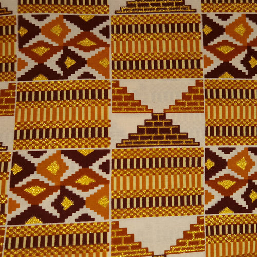Afrikaanse stof - Exclusief versierd met glittereffecten 100% katoen - GL-4029 Mosterdgeel Bruin Goud Kente