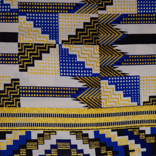Afrikaanse stof - Exclusief versierd met glittereffecten 100% katoen - GL-4048 Blauw Goud Kente