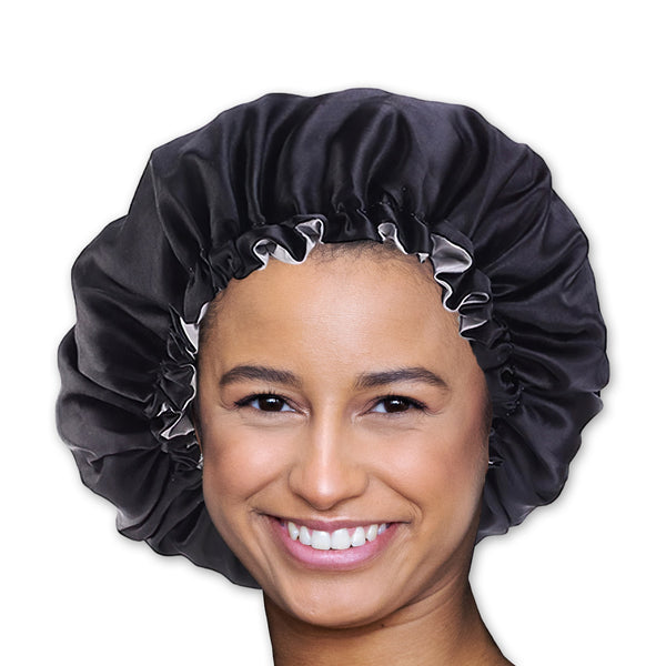 SATIN SET - Protect your hair & keep it dry - Black Satin Hair Bonnet + Shower cap + Scrunchie