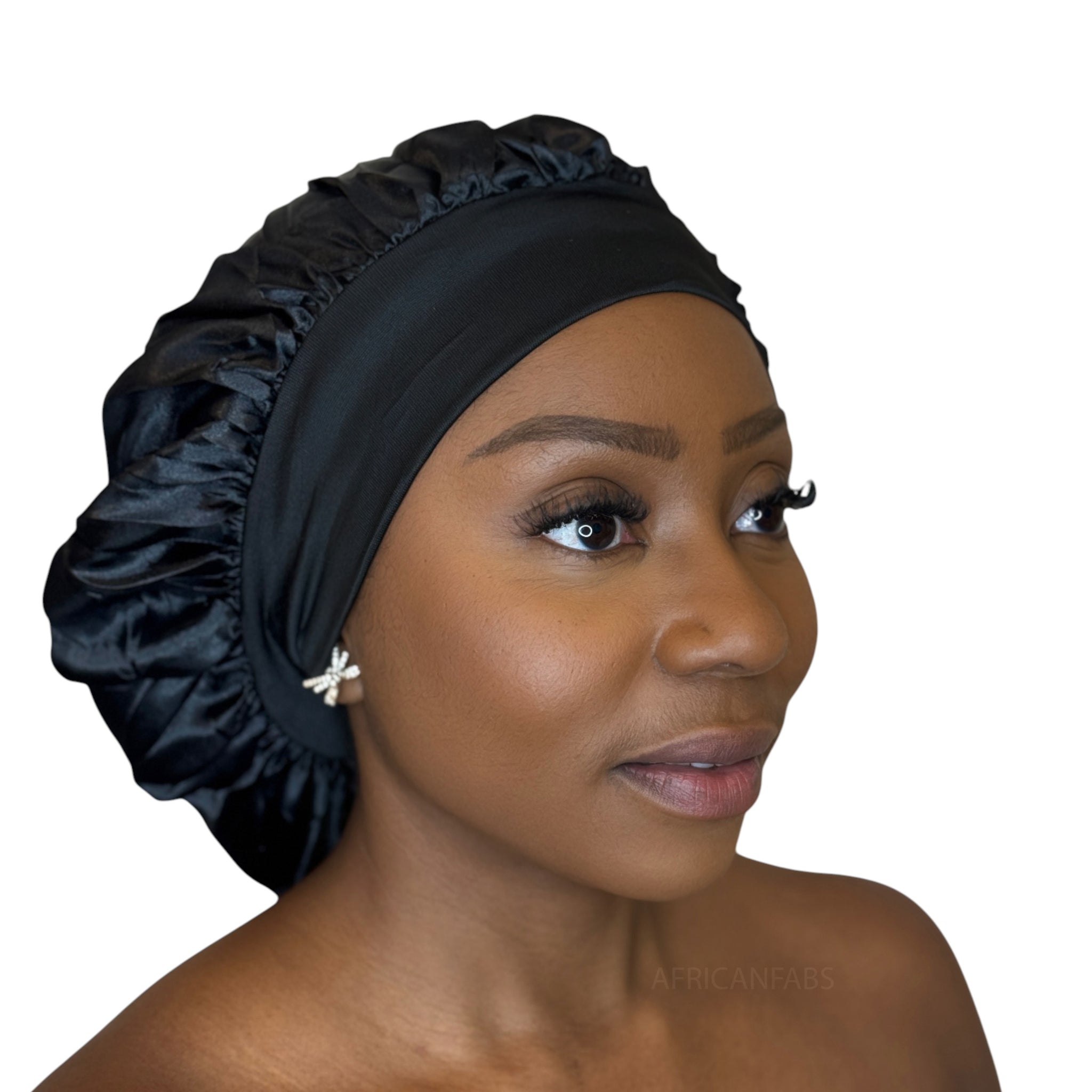 Satin Hair Bonnet - Black ( Satin Night sleep cap )