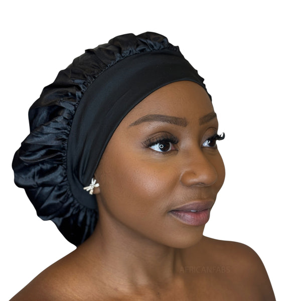 Satin Hair Bonnet - Black ( Satin Night sleep cap )