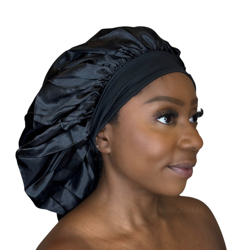 Extra Large Satin Hair Bonnet - Black ( Satin Night sleep cap )