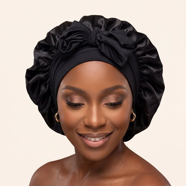 Bonnet de nuit en satin avec bretelles - Noir ( Bonnet de sommeil en satin )