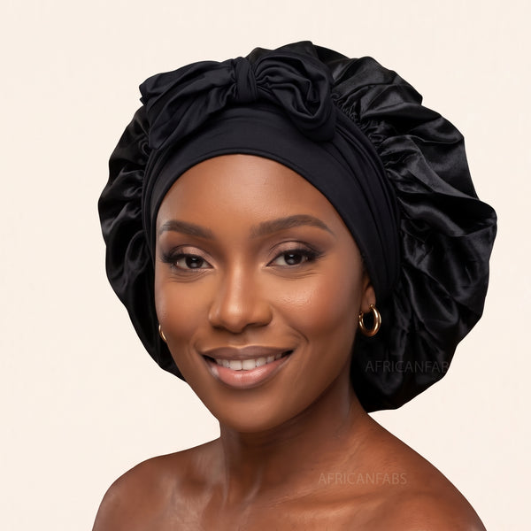 Bonnet de nuit en satin avec bretelles - Noir ( Bonnet de sommeil en satin )