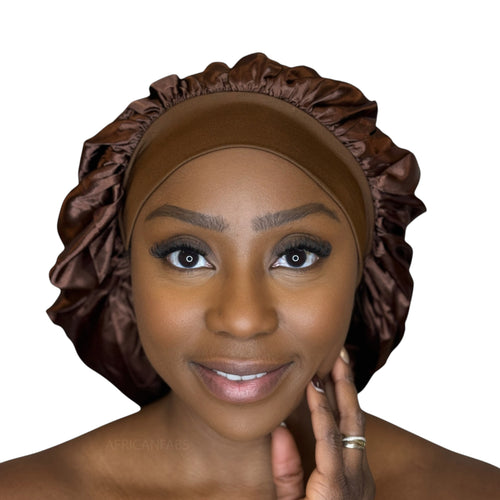 Satin Hair Bonnet - Brown ( Satin Night sleep cap )