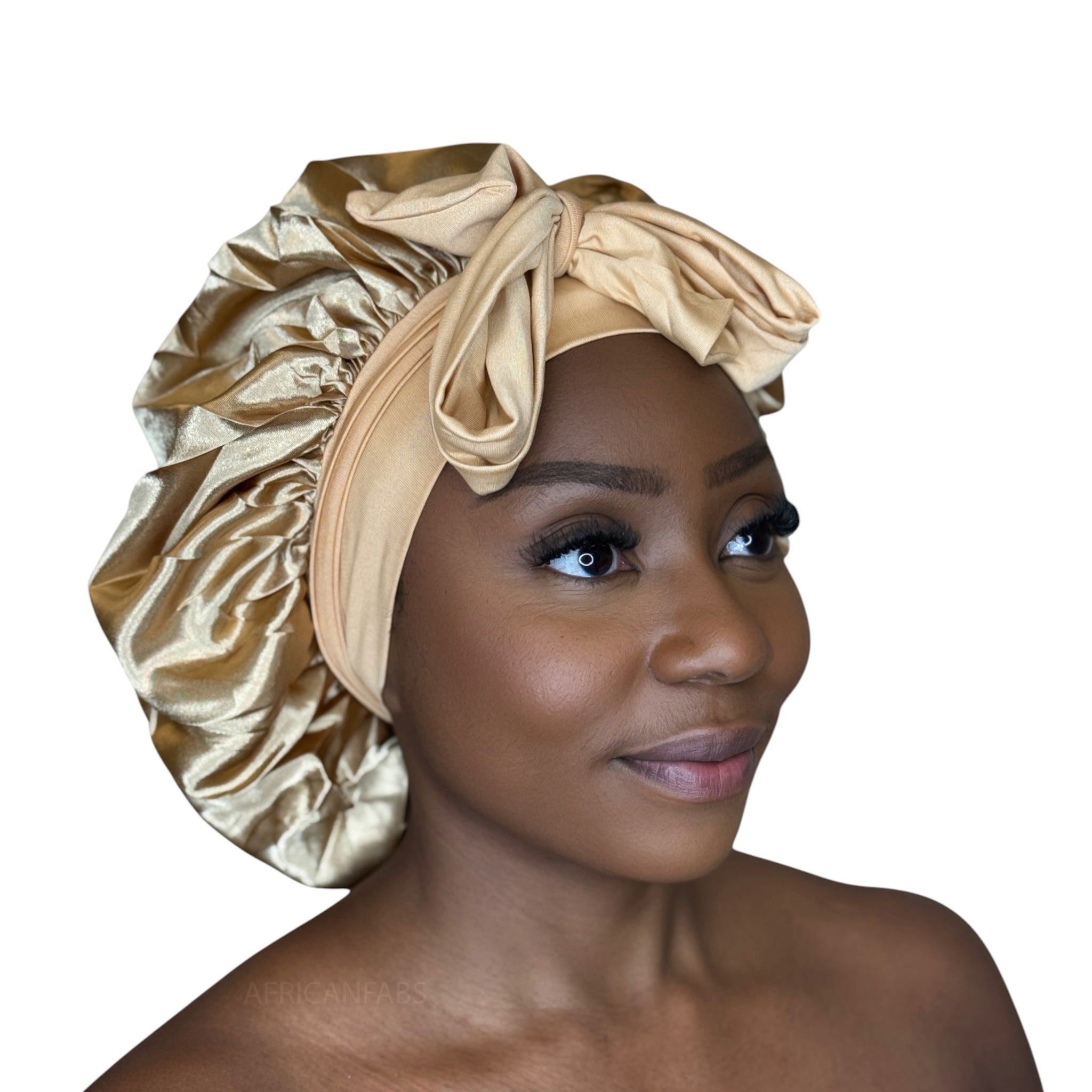 Satin Hair Bonnet with straps - Khaki ( Satin Night sleep cap )