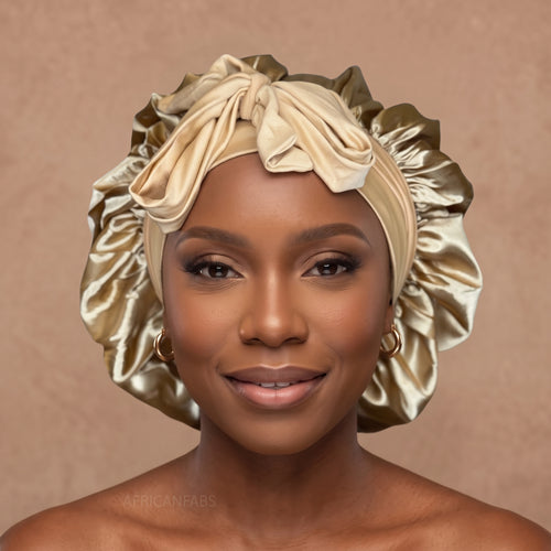 Bonnet de nuit en satin avec bretelles - Kaki ( Bonnet de sommeil en satin )