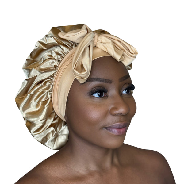 Satin Hair Bonnet with straps - Khaki ( Satin Night sleep cap )