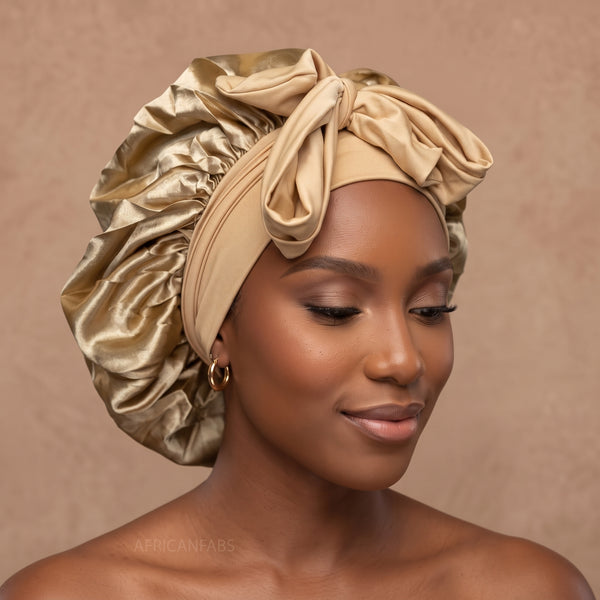 Bonnet de nuit en satin avec bretelles - Kaki ( Bonnet de sommeil en satin )