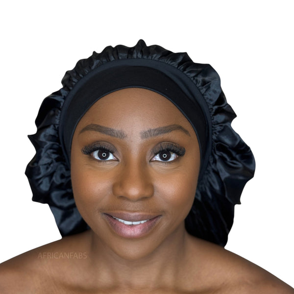 Satin Hair Bonnet - Black ( Satin Night sleep cap )