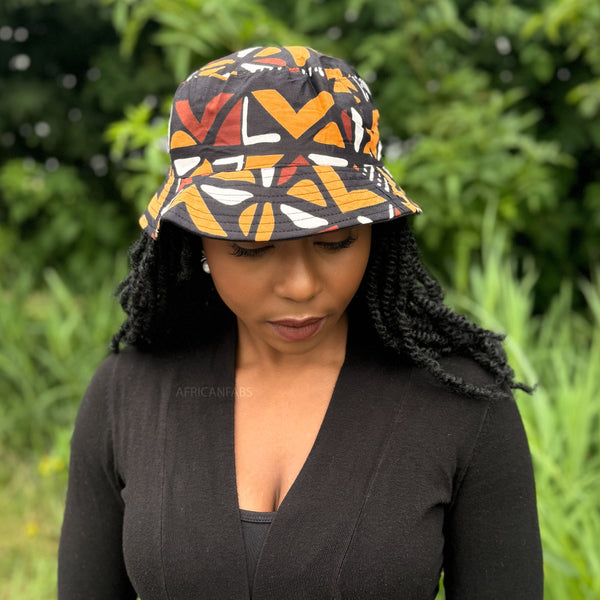 Bucket hat / Vissershoedje met Afrikaanse print - Bruine Cross Bogolan - Kinderen & Volwassenen (Unisex)