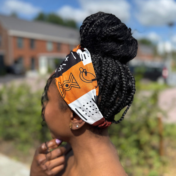 Haarband / Hoofdband in Afrikaanse print - Bruin Bogolan Symbols