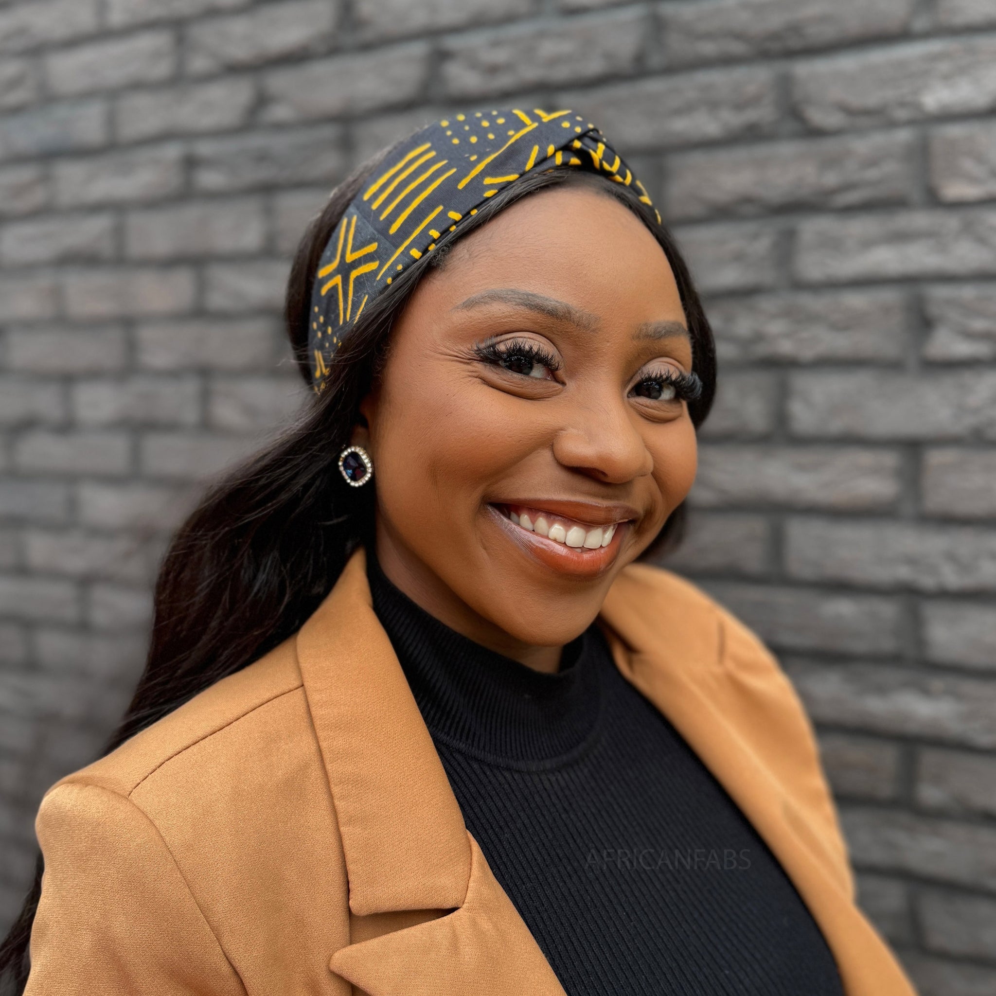 Haarband / Hoofdband in Afrikaanse print - Zwart / Gele Bogolan