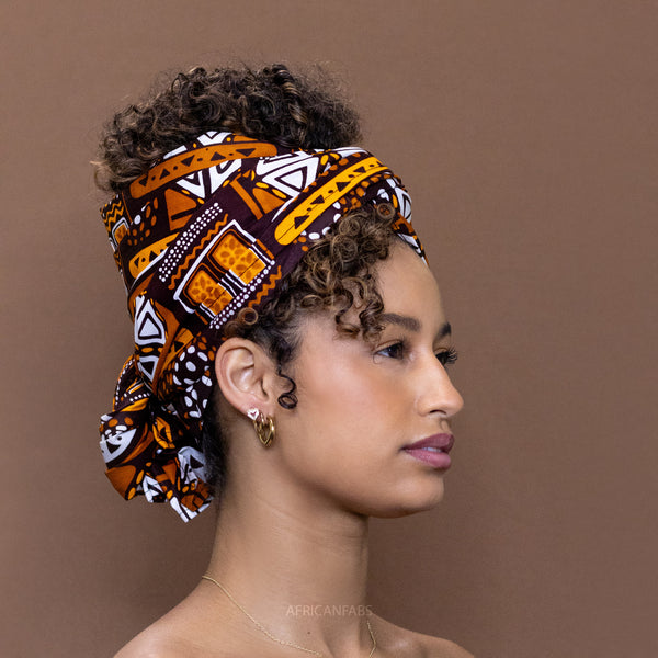 Foulard africain / Turban wax - Motifs marrons Bogolan