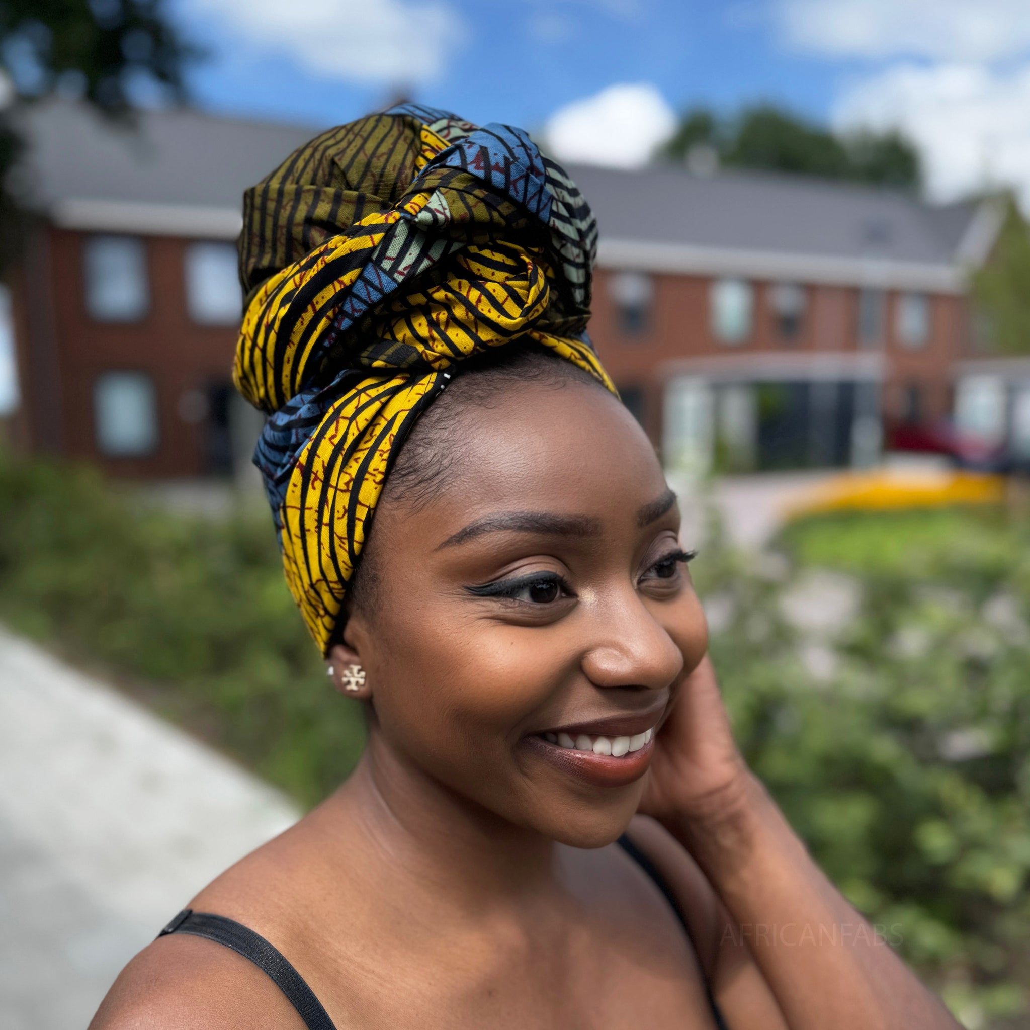 Afrikaanse Groen, Blauw & Geel Concentric Circle hoofddoek - headwrap