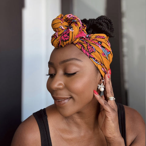 Afrikaanse Mosterd & Roze Botanical Flow hoofddoek - headwrap