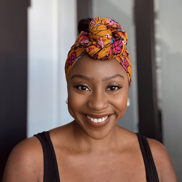 African headwrap - Mustard & Pink Botanical Flow