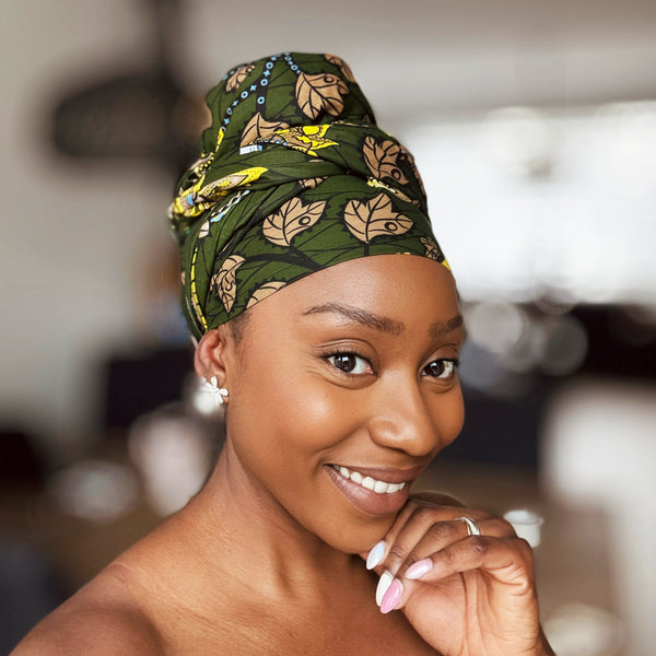African headwrap - Dark Green & Yellow Botanical Flow