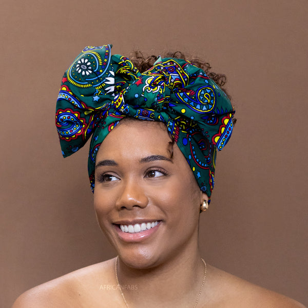 Foulard africain / Turban wax - Vert Multicolore Paisley