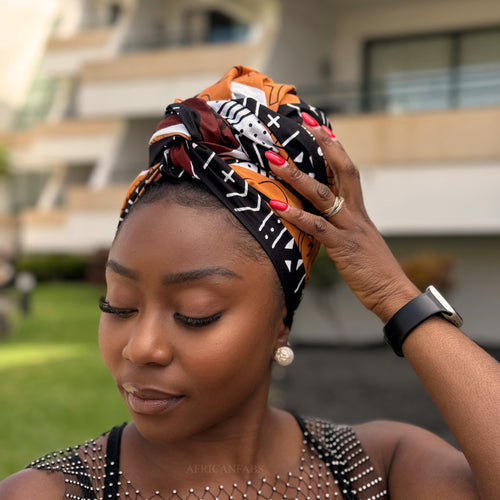 Foulard africain / Turban wax - Marron Bogolan Symbols