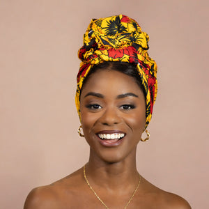 Foulard africain / Turban wax - Rouge / jaune fleur