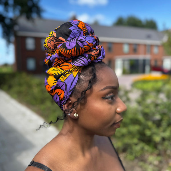 Afrikaanse Geel & Paars Flowers hoofddoek - headwrap