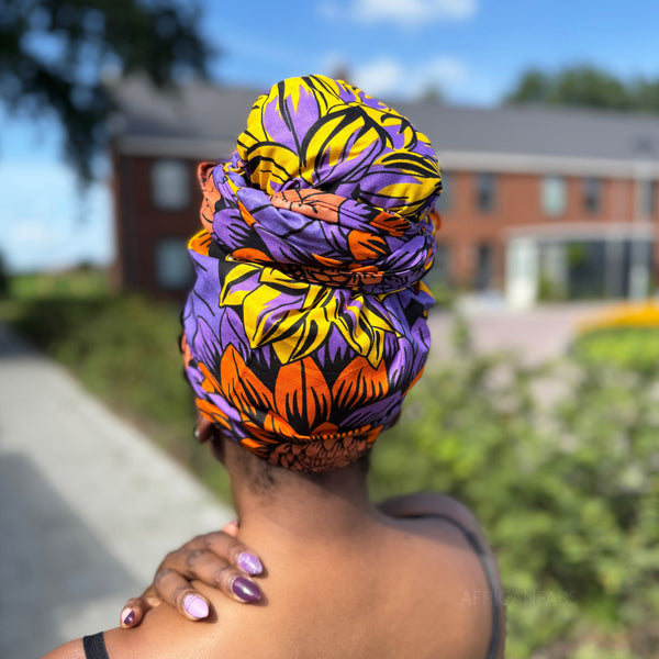 Afrikaanse Geel & Paars Flowers hoofddoek - headwrap