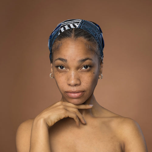 Afrikaanse hoofddoek Blauw Bogolan Mosaic - headwrap