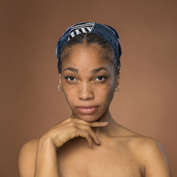 Afrikaanse hoofddoek Blauw Bogolan Mosaic - headwrap