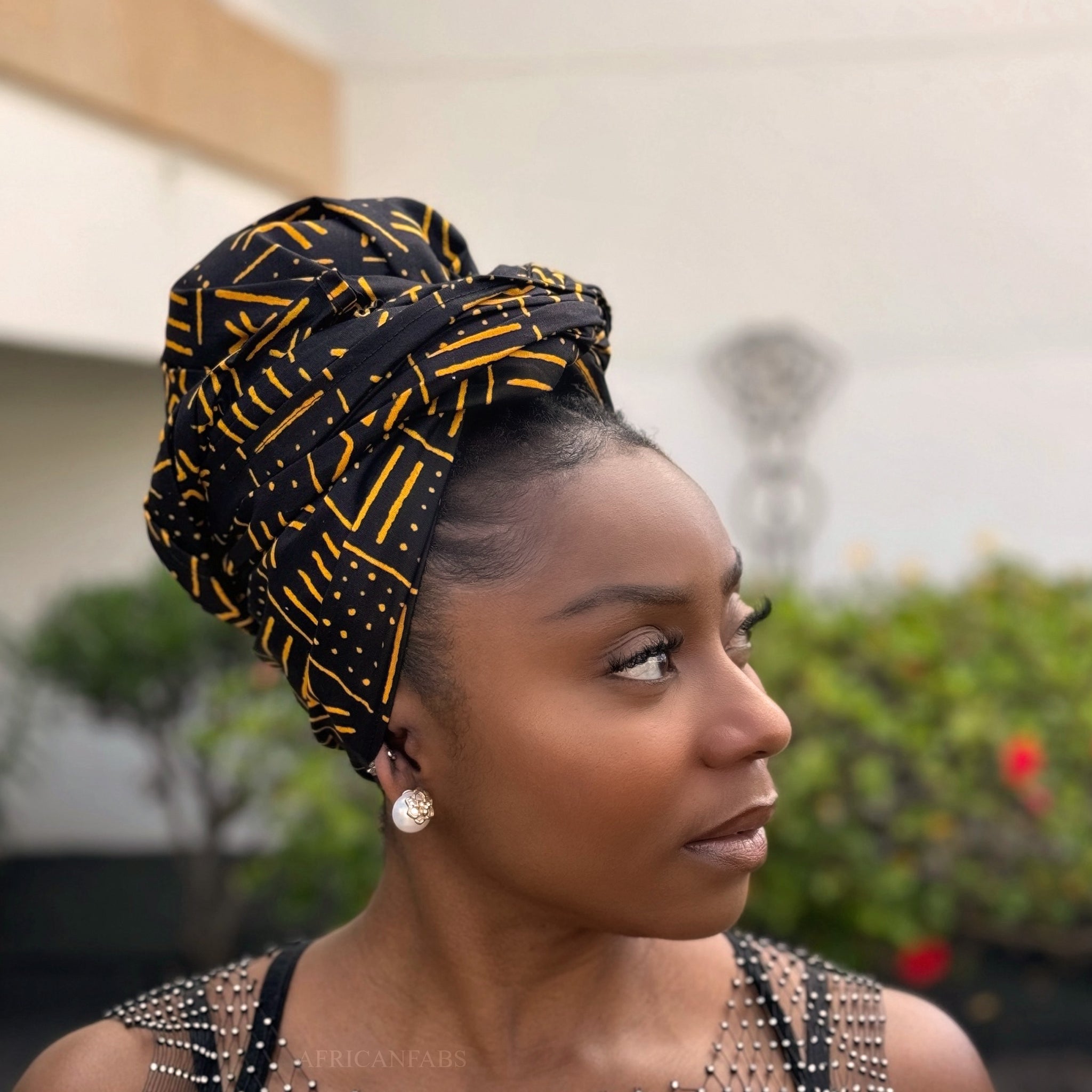 Foulard africain / Turban wax - Noir / Jaune X Bogolan