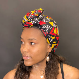 Foulard africain Noir / Rouge / Jaune bogolan / mud cloth - turban wax