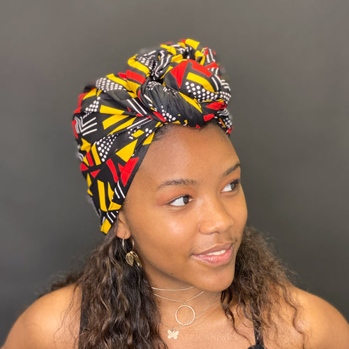 Foulard africain Noir / Rouge / Jaune bogolan / mud cloth - turban wax