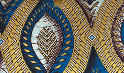 Tissu africain / tissu wax - Bleu Or Ancient Leaf Geometry - Effet spécial Brillant Platinum Edition