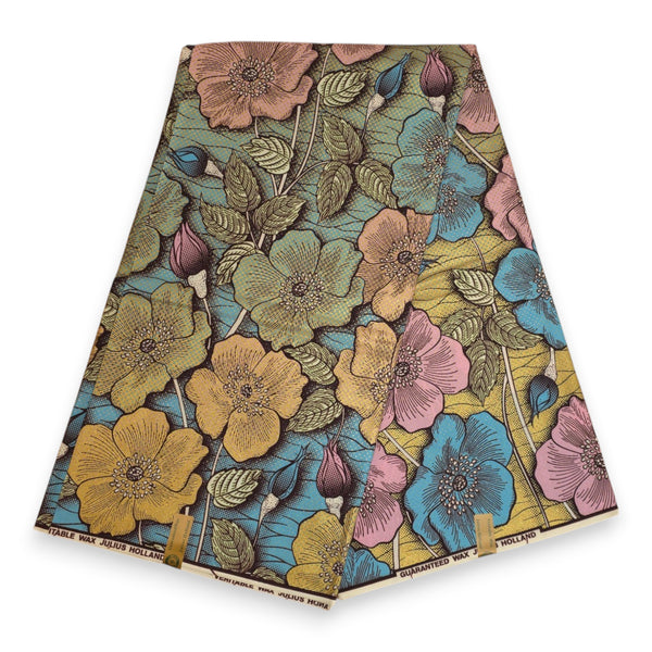 African Wax print fabric - Blue Gold Vintage Garden Bloom - Special effect Brillant Platinum Edition