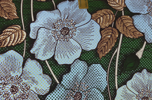 African Wax print fabric - Green Light blue Vintage Garden Bloom - Special effect Brillant Platinum Edition