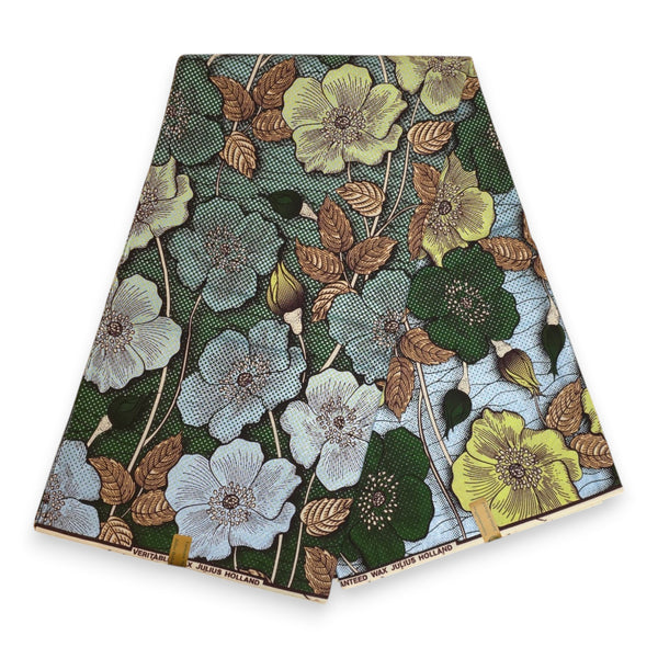 African Wax print fabric - Green Light blue Vintage Garden Bloom - Special effect Brillant Platinum Edition