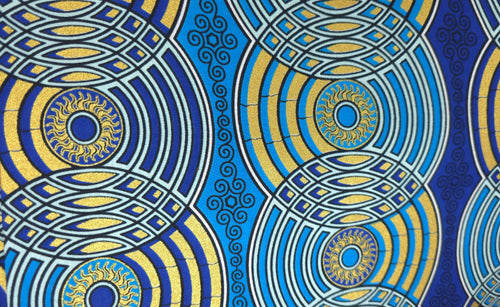 Afrikaanse stof - Blauw Goud Retro Circles - Special effect Brillant Platinum Edition