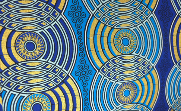 Afrikaanse stof - Blauw Goud Retro Circles - Special effect Brillant Platinum Edition