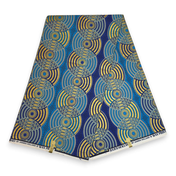African Wax print fabric - Blue Gold Retro Circles - Special effect Brillant Platinum Edition