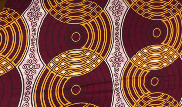 African Wax print fabric - Burgundy Beige Retro Circles - Polycotton