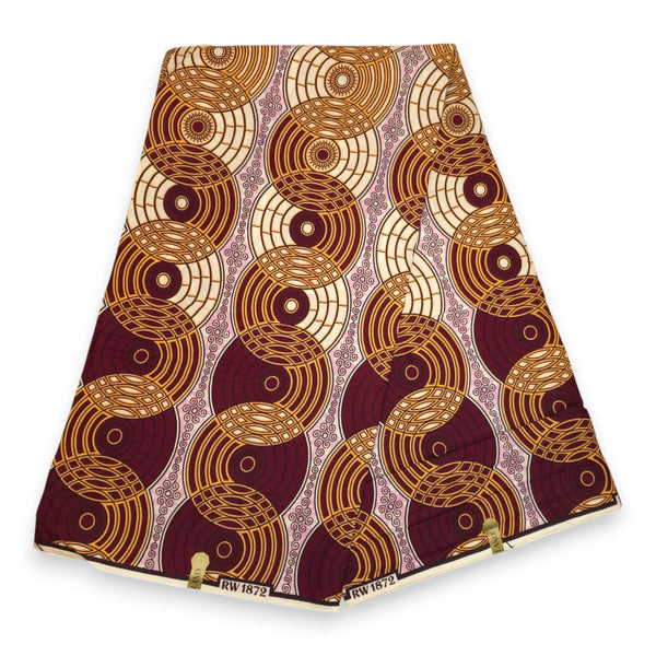 African Wax print fabric - Burgundy Beige Retro Circles - Polycotton