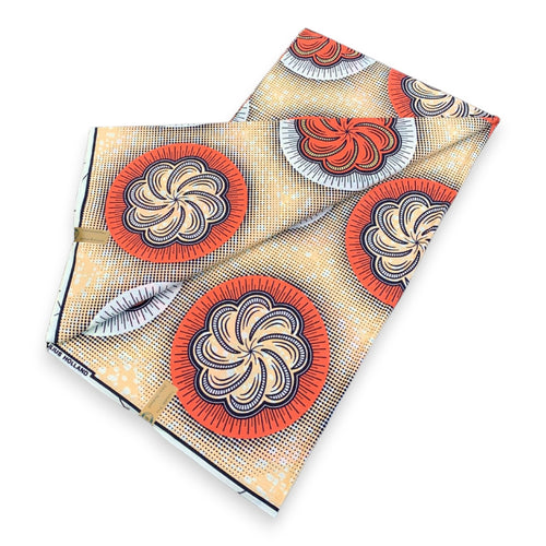 Afrikaanse wax print stof - Beige en Oranje Solar Bloom Rounds - 100% katoen