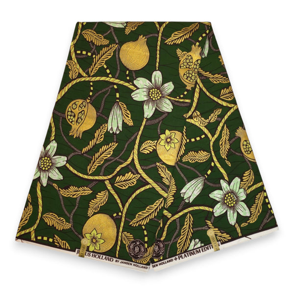African Wax print fabric - Green Gold Cream Pomegranate Garden - Special effect Brillant Platinum Edition
