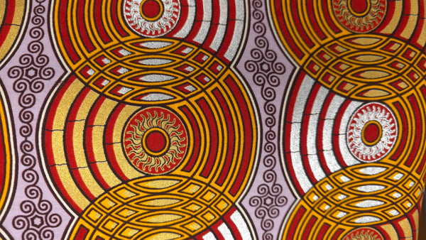 Afrikaanse stof - Rood Goud Retro Circles - Special effect Brillant Platinum Edition