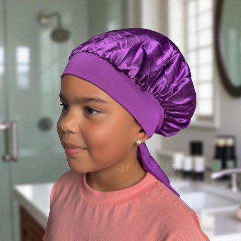 Paarse Satijnen slaapmuts met bandjes (kinderen / kindermaat 3-7 jaar) (Kinder Haar Bonnet)