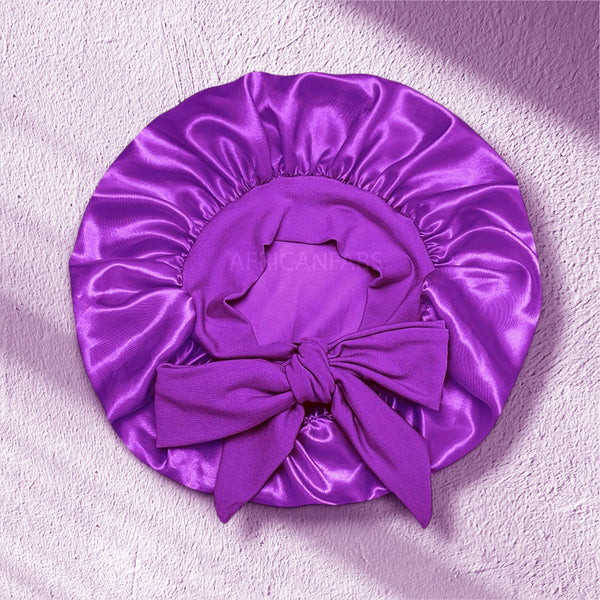 Purple Satin Hair Bonnet with Tie Straps (Kids / Children's size 3-7 years) ( Satin Night sleep cap)